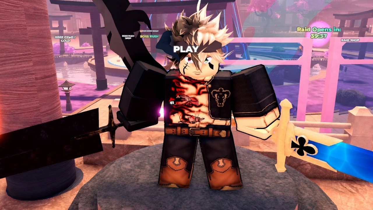 Black Clover-style fighter in the Anime Dimensions Simulator hub with PLAY prompt and Raid Opens timer