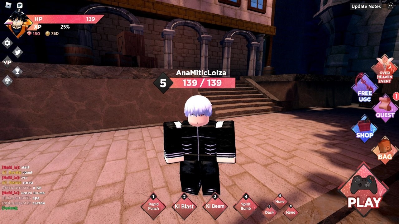 Anime Dimensions Simulator lobby with HP, XP, gold HUD, skill bar, and PLAY button